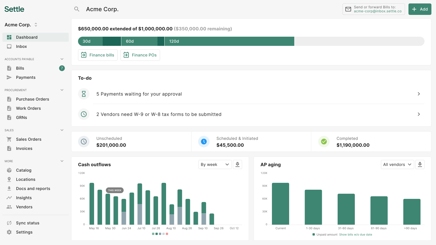 Settle app dashboard
