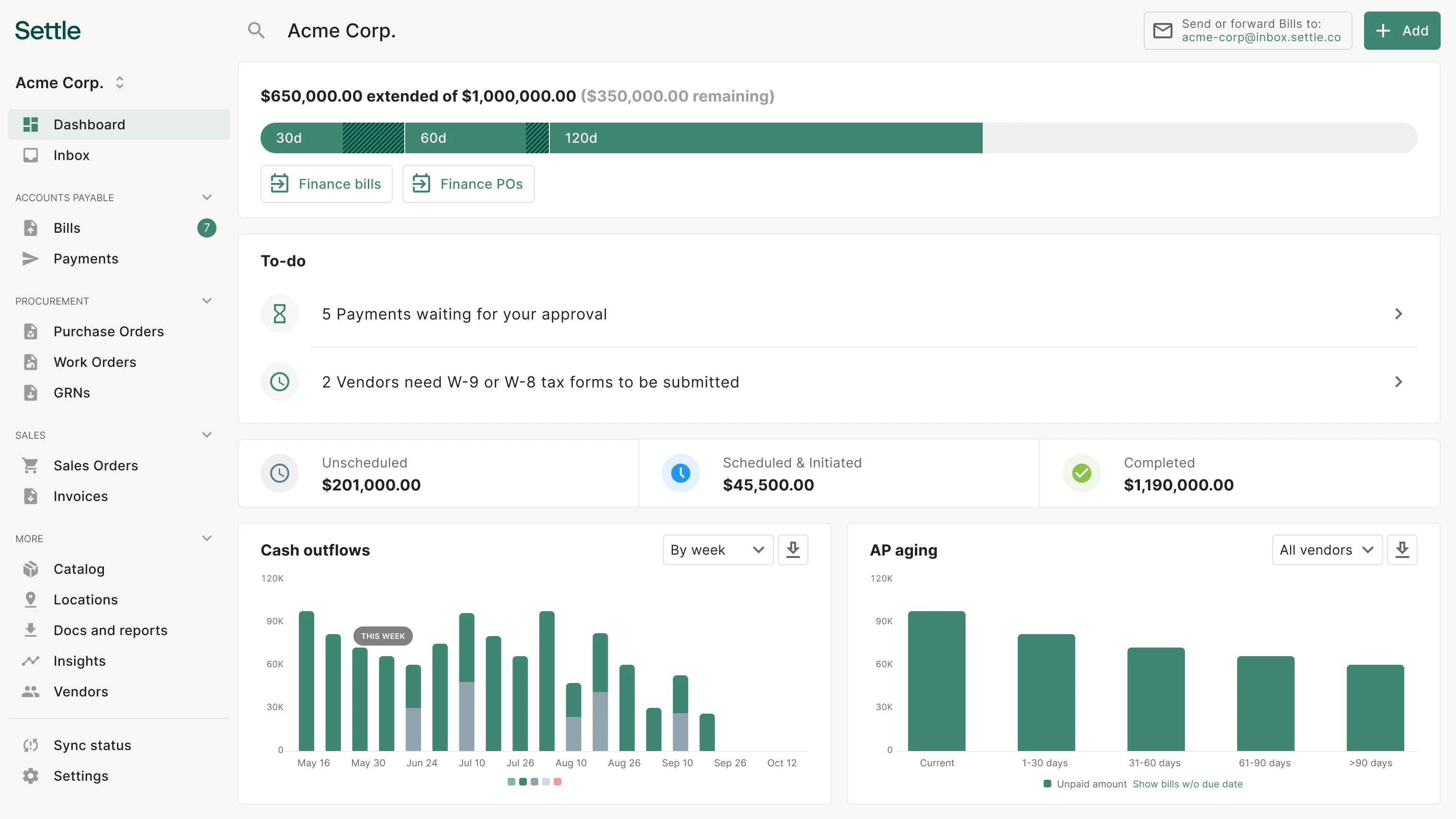 Settle app dashboard